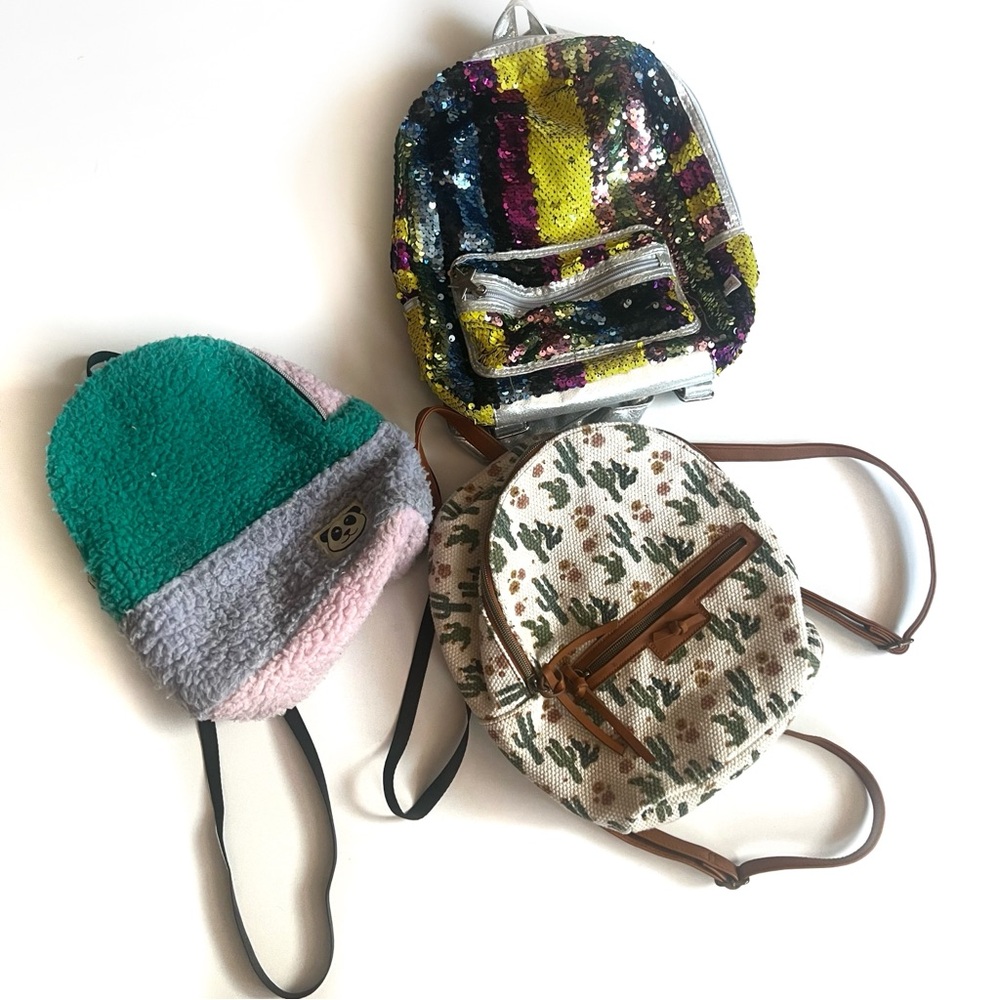 Mini Backpack Bundle - 3- Cactus, Multicolored with Panda and Sequin Backpacks